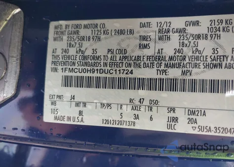 2013 Ford Escape Sel из США, поврежденный, VIN 1FMCU0H91DUC11724